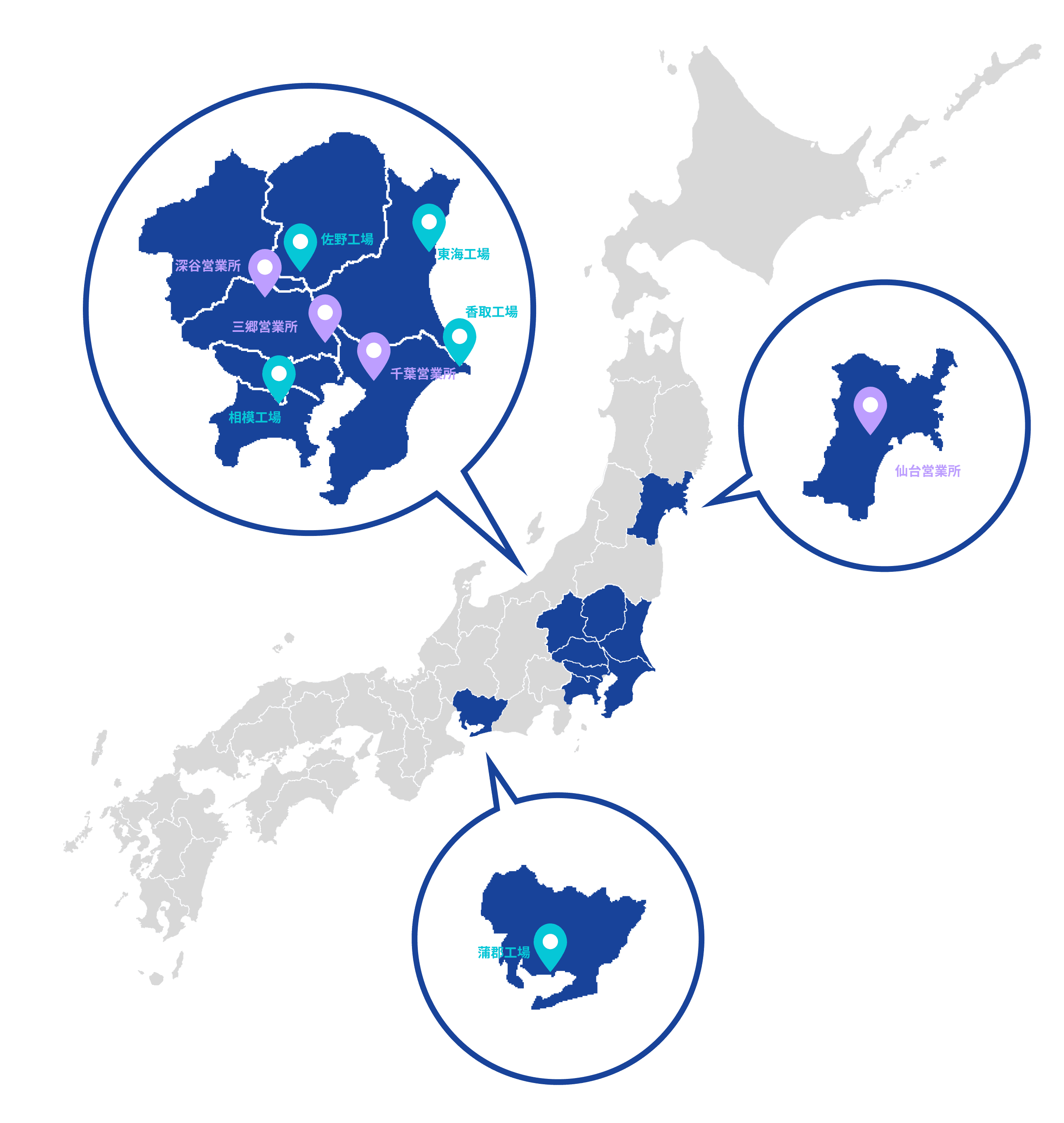 田邊工業の営業所と工場の地図